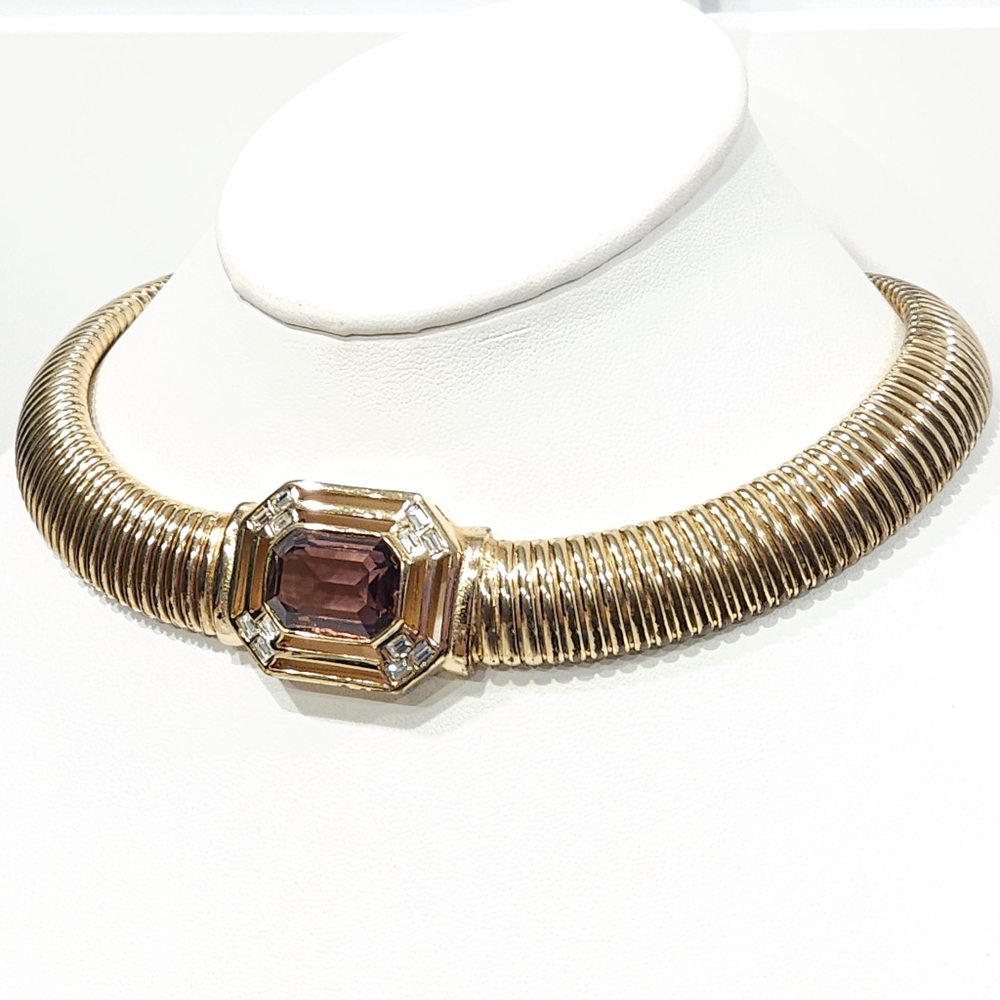 Vintage Dior Amethyst Purple Crystal Gold Omega Chain Necklace Germany - Picture 15 of 16